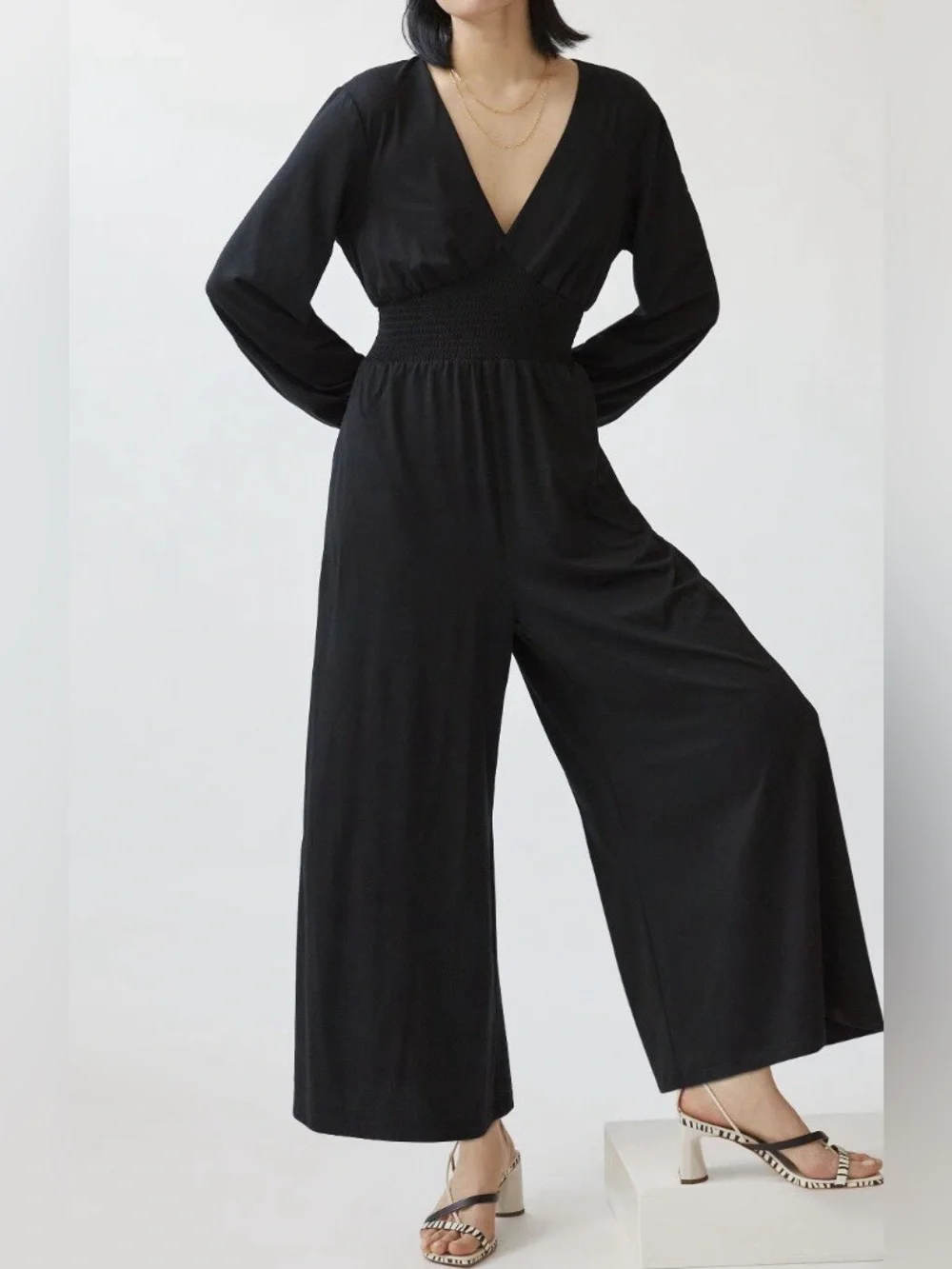 Anthro Hutch Black Wide-Leg Jumpsuit XL Smocked Waist V-Neck - Picture 4 of 10